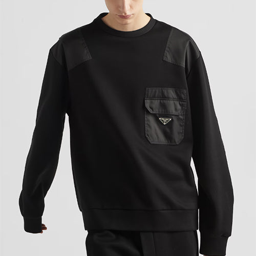 프라다 리나일론 디테일 코튼 스웨트셔츠 블랙