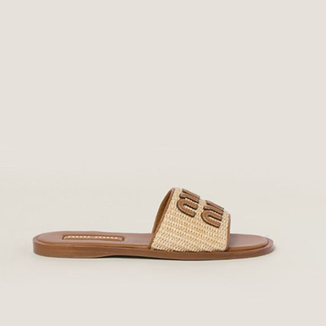 미우미우 라피아 이펙트 우븐패브릭 슬라이드 샌들